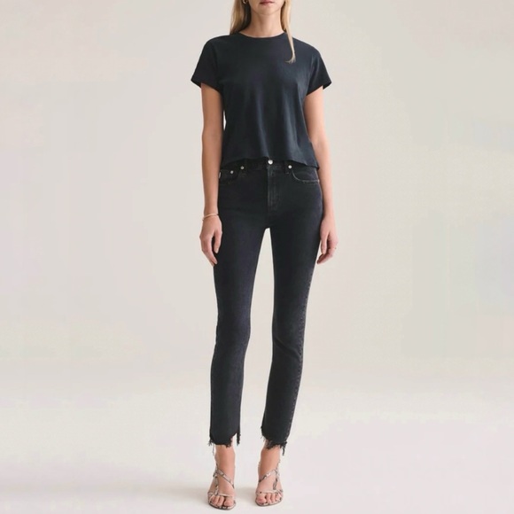 AGOLDE feral faded black dark gray Toni mid-rise straight leg frayed hem jeans - Picture 3 of 15